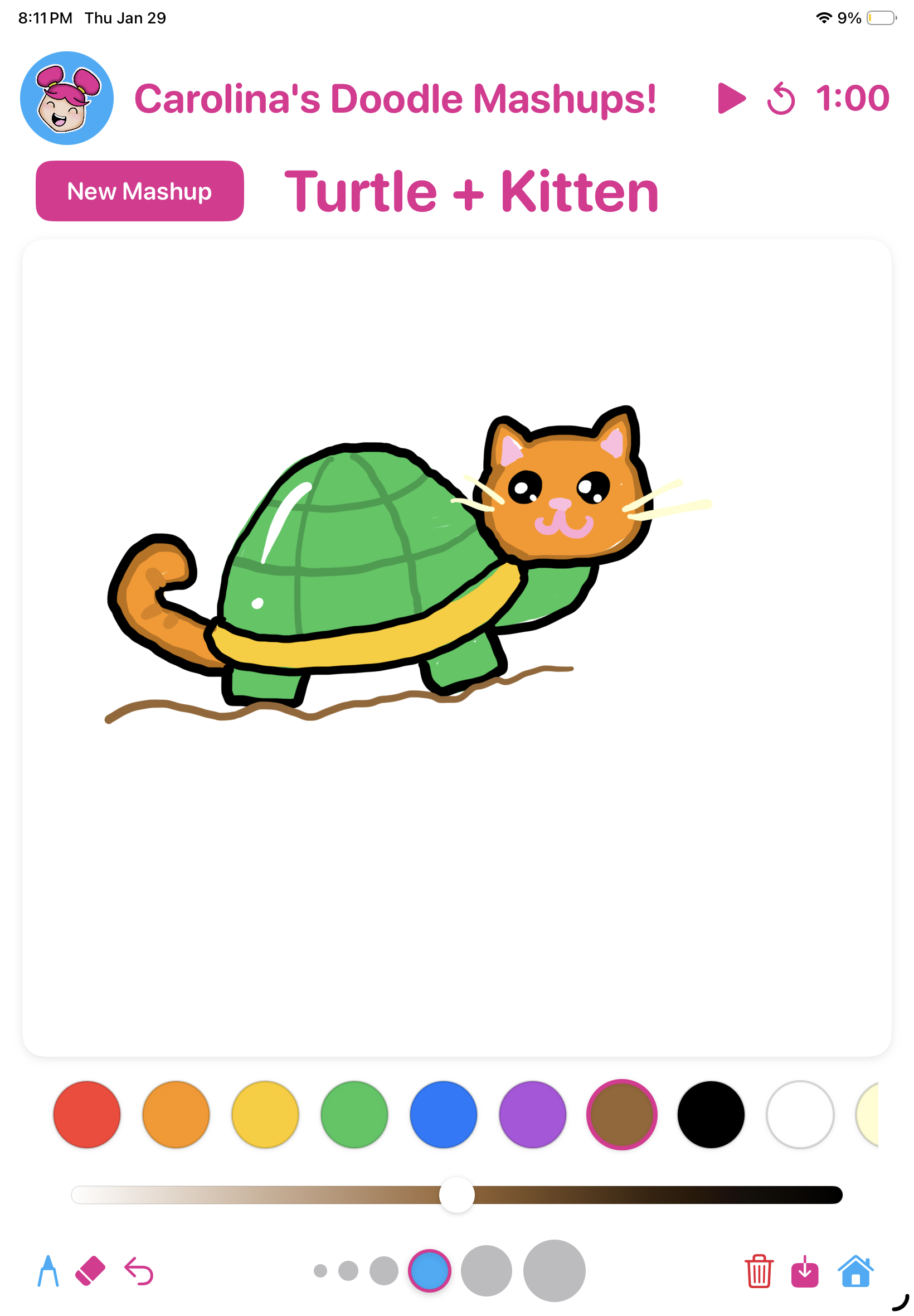 Doodle Mashups gameplay screen showing a Turtle + Kitten mashup