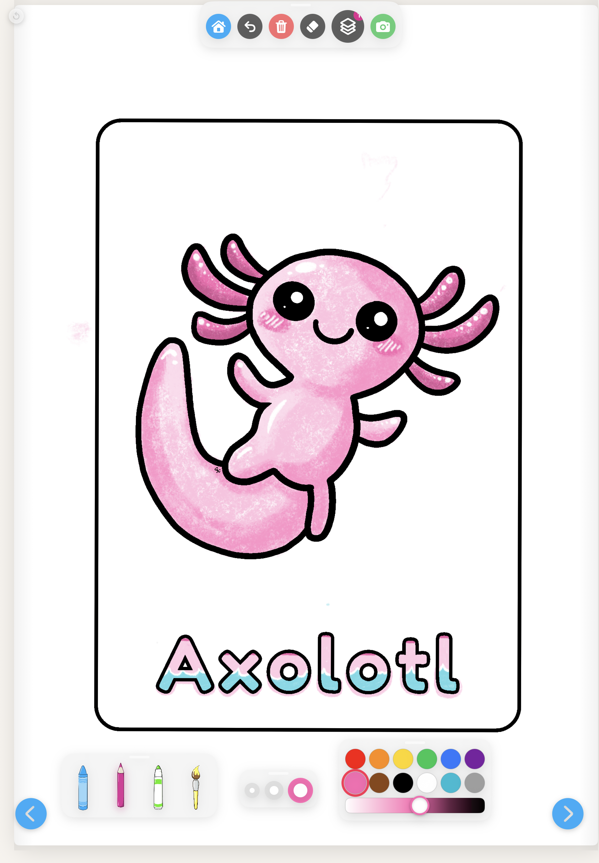 Doodler Pad coloring screen showing an axolotl